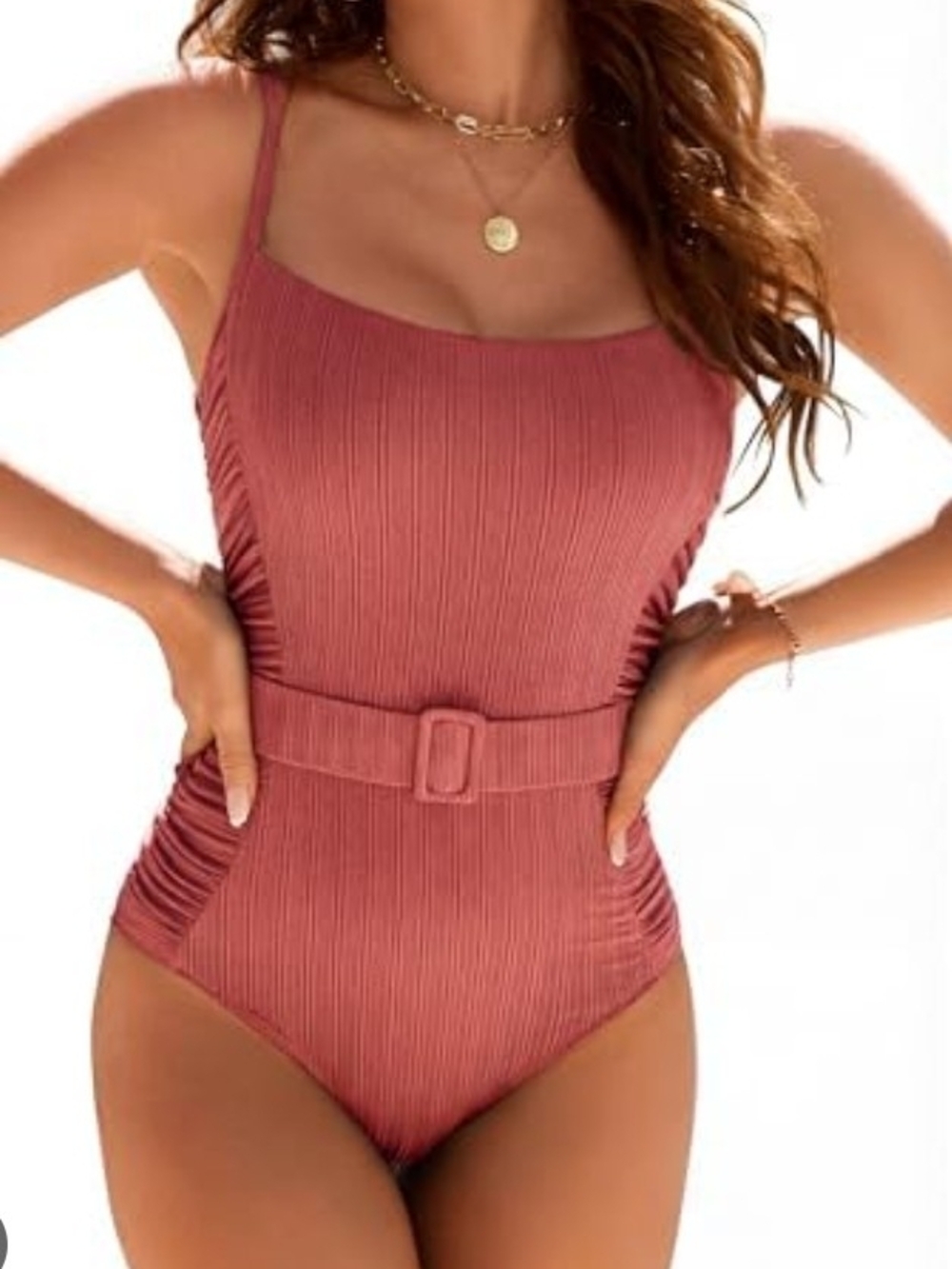 Ribbed One-Piece Swimsuit with Belt - Dusty Rose
